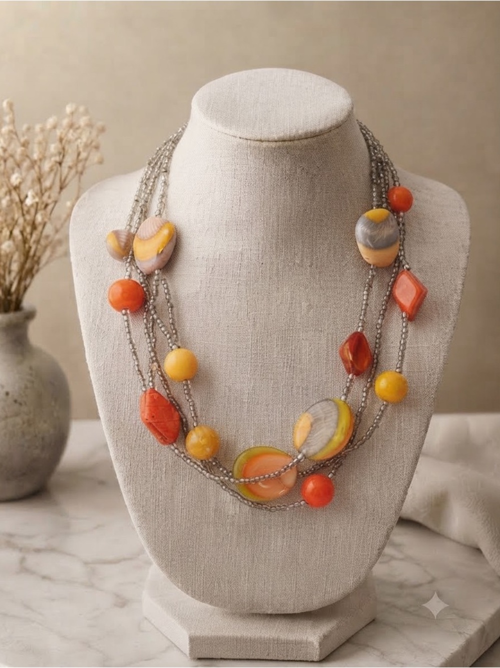Bold Layered Multicoloured Glass Statement Necklace